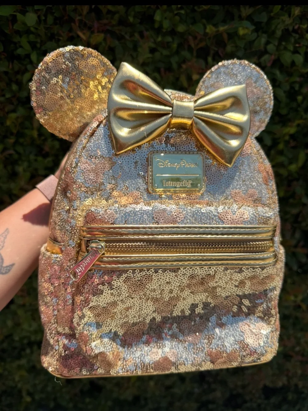 Loungefly Gold Sequin Minnie Ear Mini Backpack with Metallic Bow